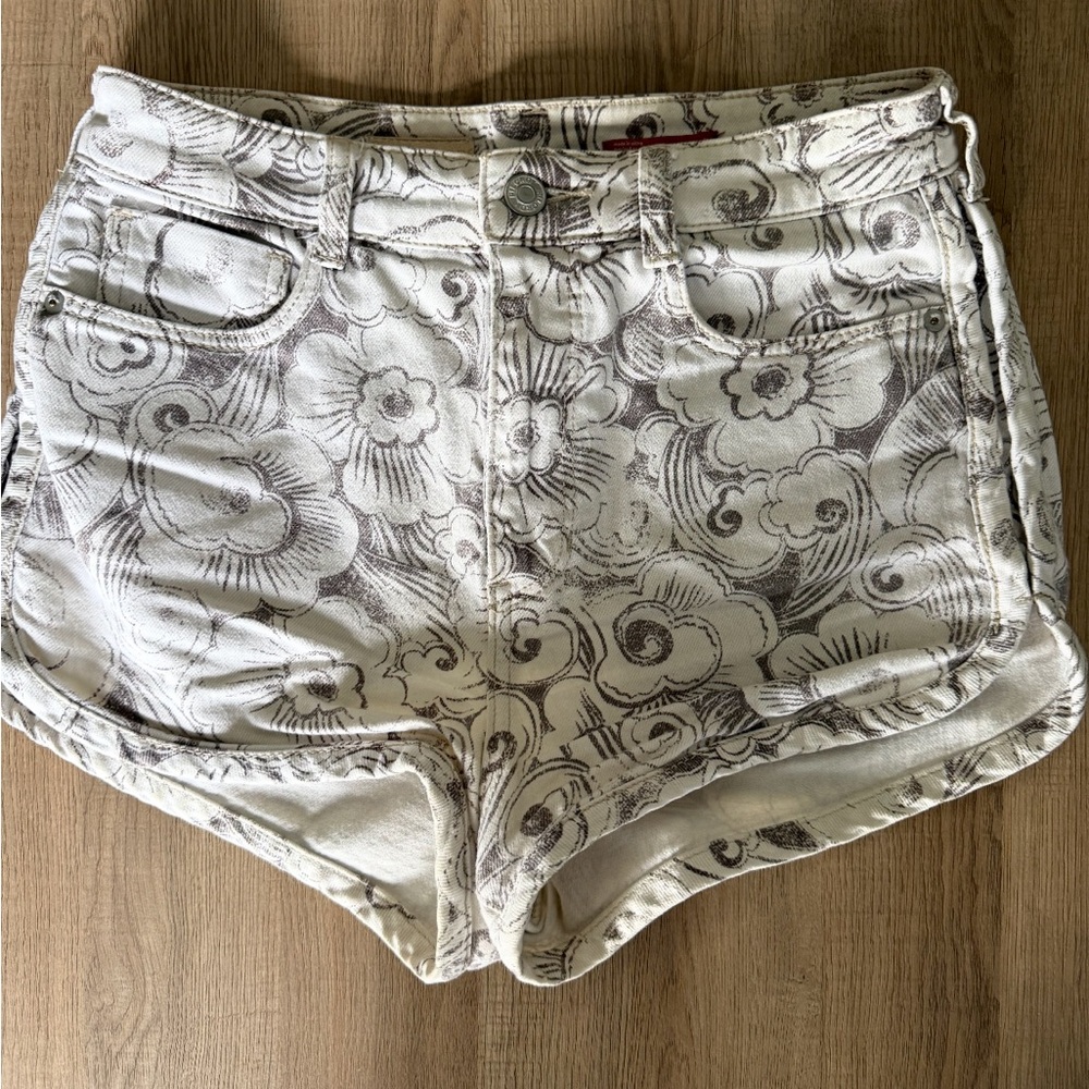 Anthropologie High-Waist White Floral Print Denim Shorts
